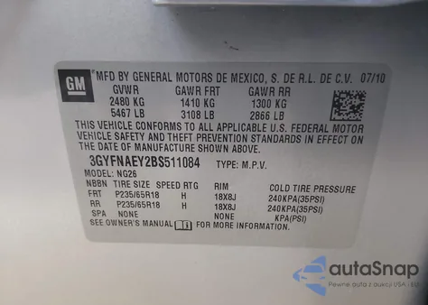 2011 Cadillac Srx z USA, uszkodzony, nr VIN 3ZYFMAEY2BS511084